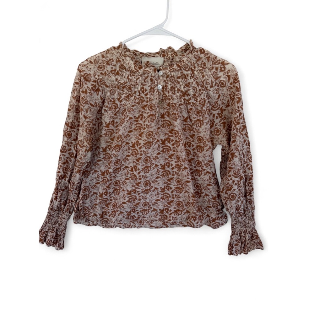 Cleobella Floral Cotton Blouse Smocked Ruffle Cuff Boho Top XS